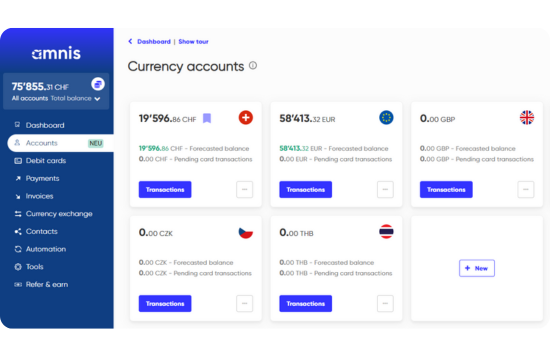 Foreign currency accounts in amnis dashboard