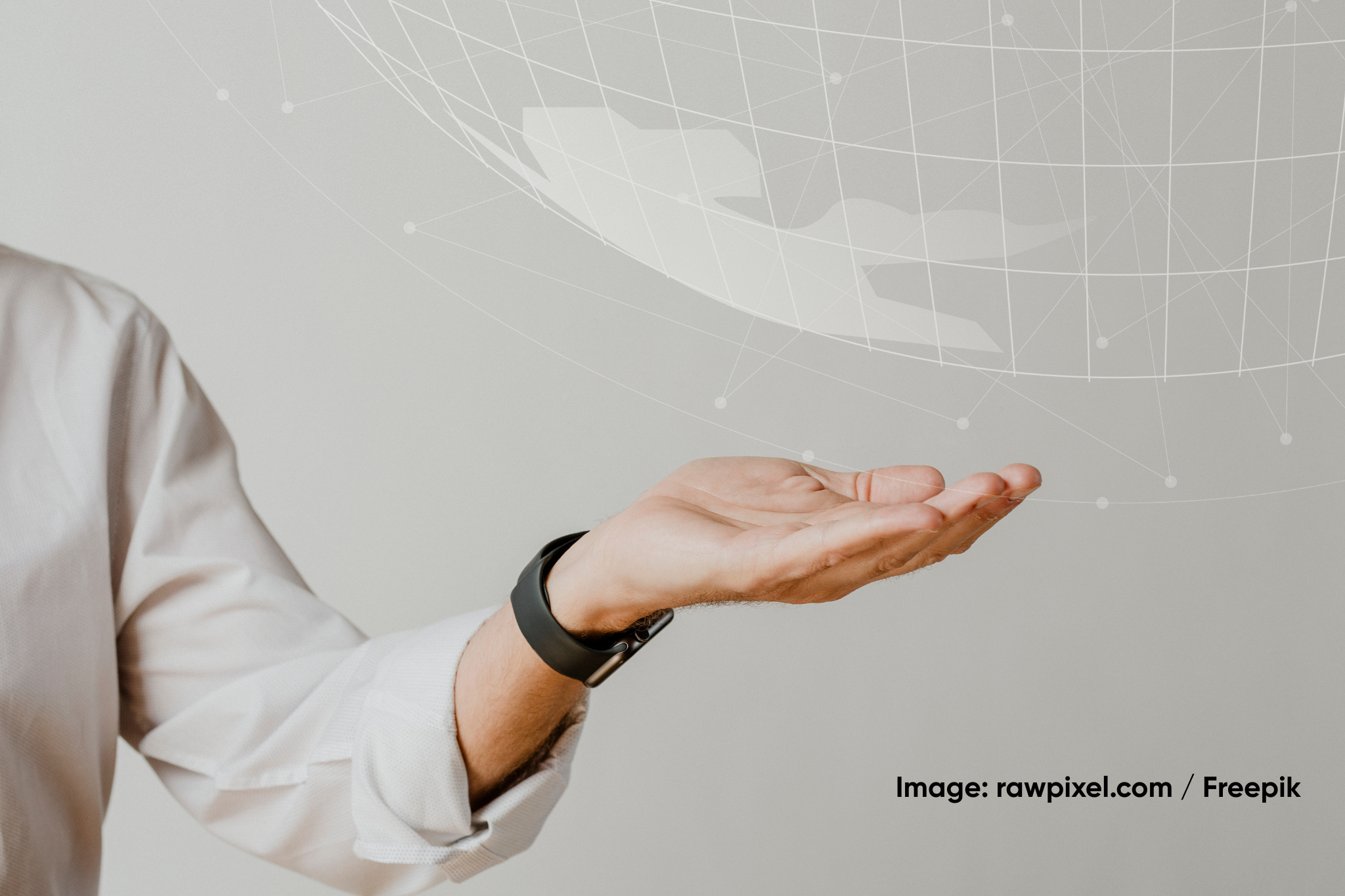 Technology background with hand holding digital world