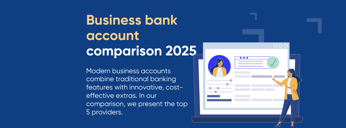 Graphic titled “business bank acount comparison.” On the left is the text, and on the right, there’s an illustration of a person standing in front of a large laptop displaying a profile picture and a checklist. The design features blue, white, and yellow tones.